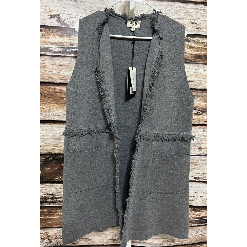 Joh Cashmere Grey Vest Cardigan Sweater With Fringe Trim Warm Medium New